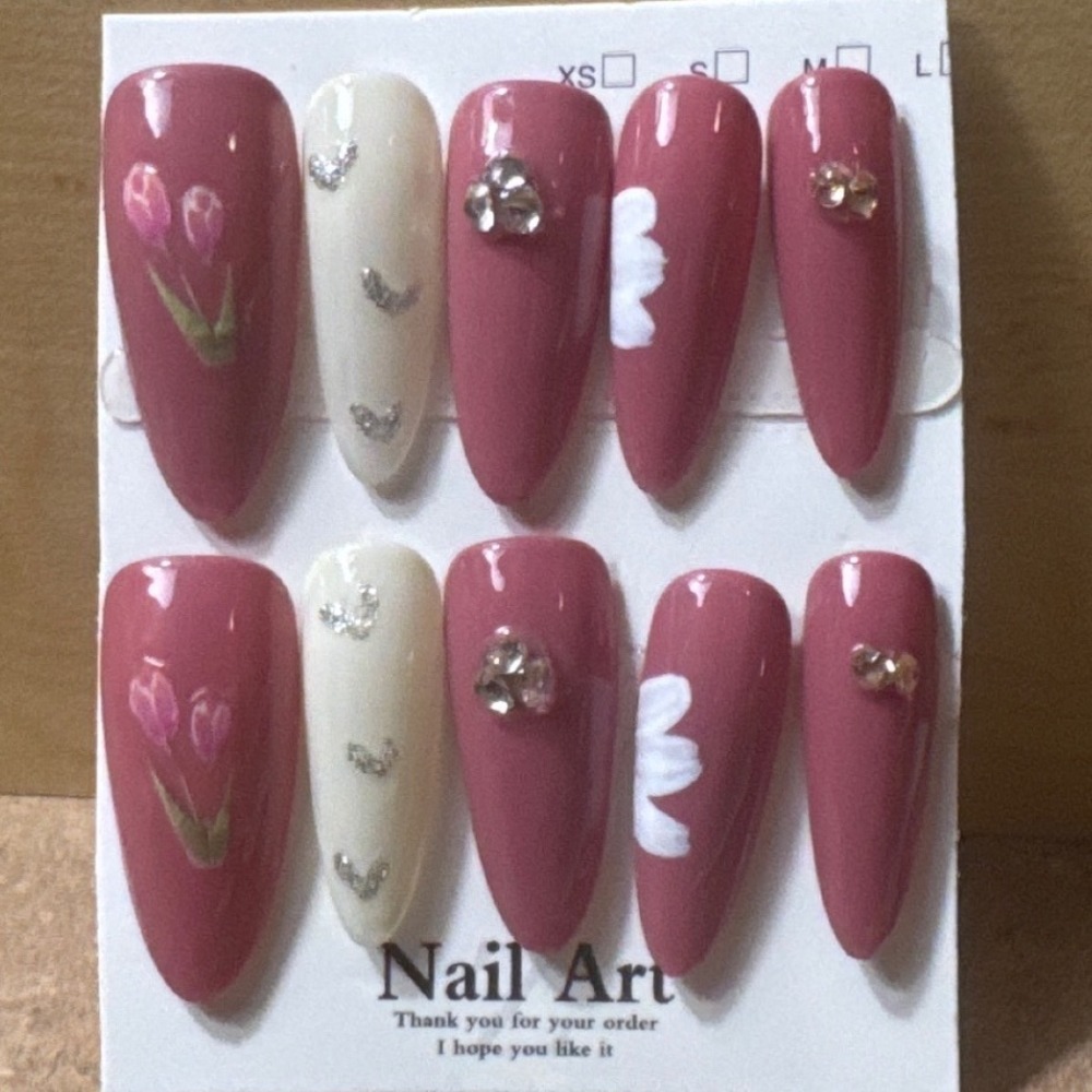 Pink Tulip Press‎ On Nails Almond Floral Rhinestone Butterfly Set